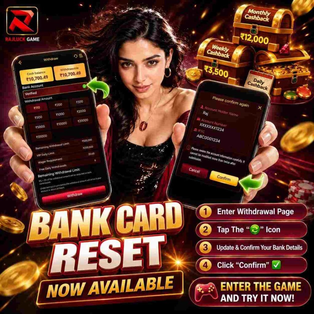 Rajluck Game online platform showcasing gaming features, reward programs, and an interactive mobile gaming experience.