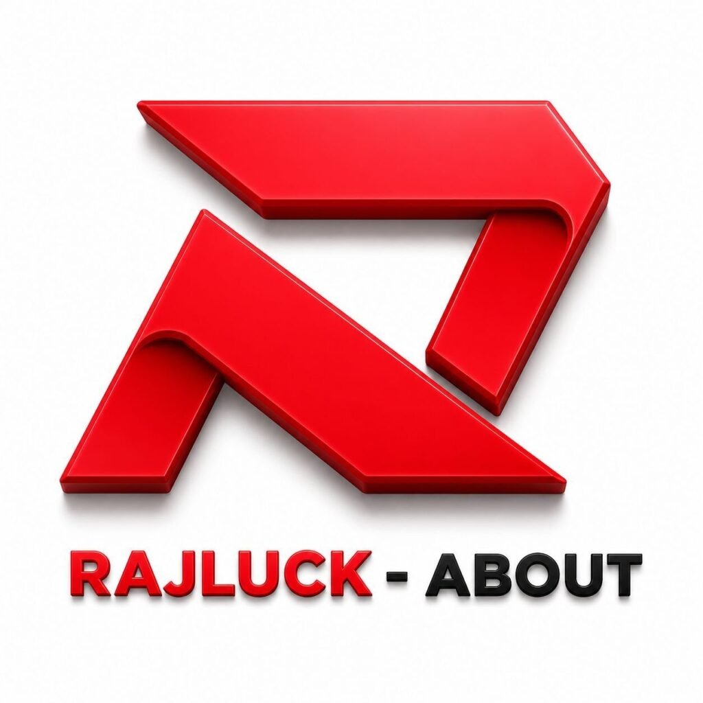 Rajluck About page logo featuring a modern red geometric design with bold Rajluck branding on a clean white background.