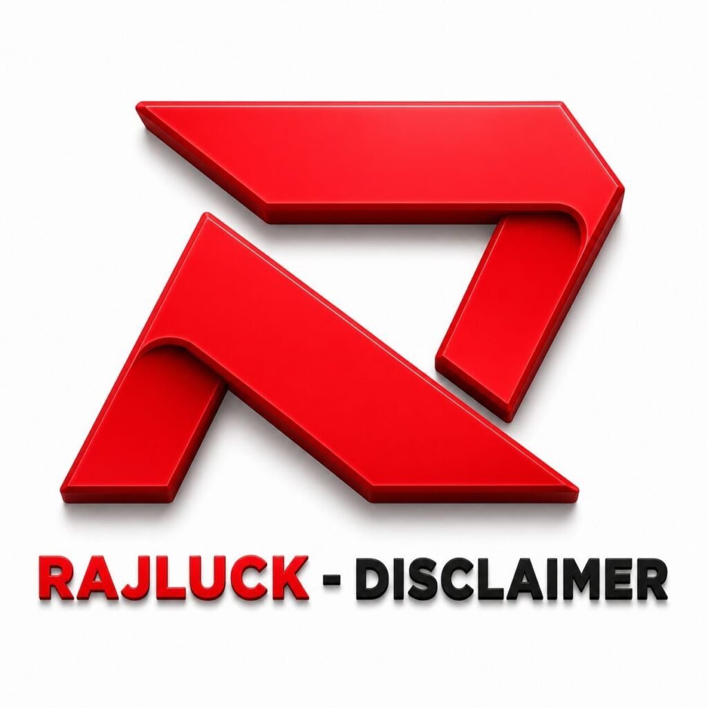 Rajluck Disclaimer page logo with red 3D emblem, official branding, legal information, and website disclaimer section.