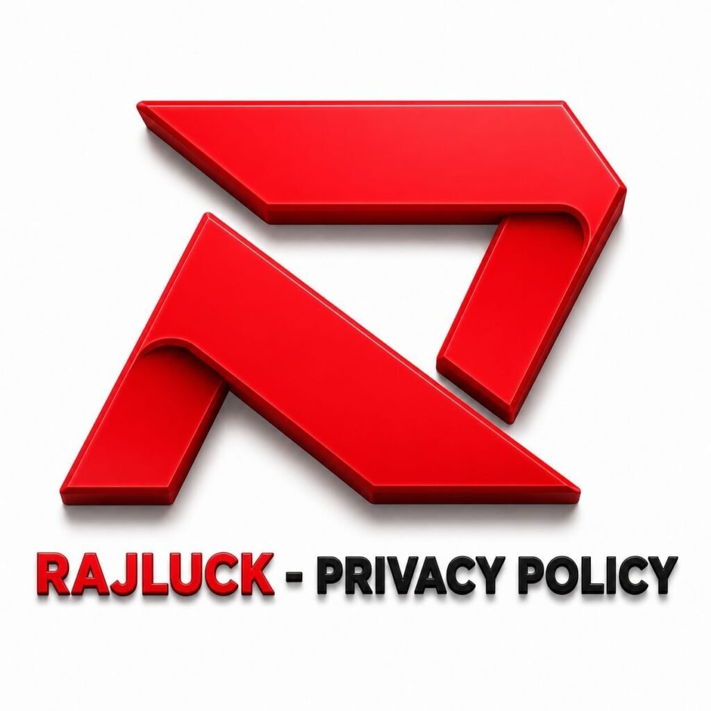 Rajluck Privacy Policy page logo featuring a modern red geometric emblem and professional branding on a clean background.